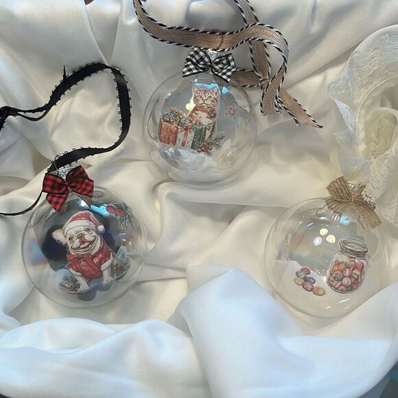 Upcycled Clear Glass Ornaments 3 Different Decor Christmas Balls Dog Cat Candy - Picture 1 of 14